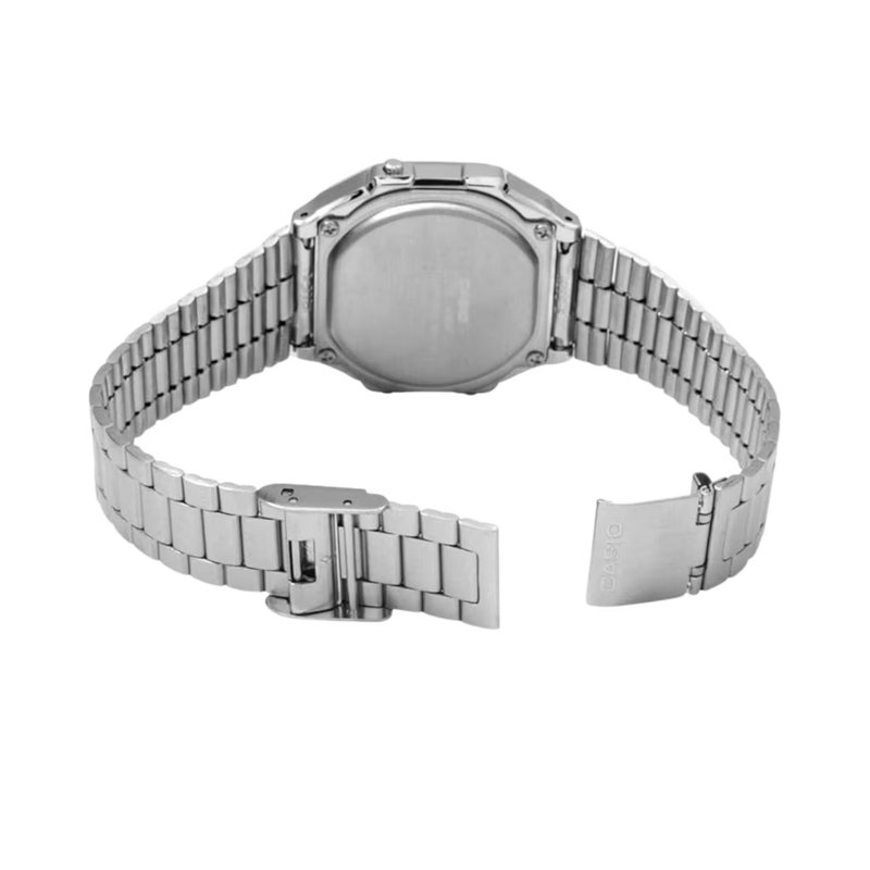 Verstellbares Edelstahlarmband der Casio A168WA-1YES mit praktischem Clipverschluss fuer perfekten Sitz