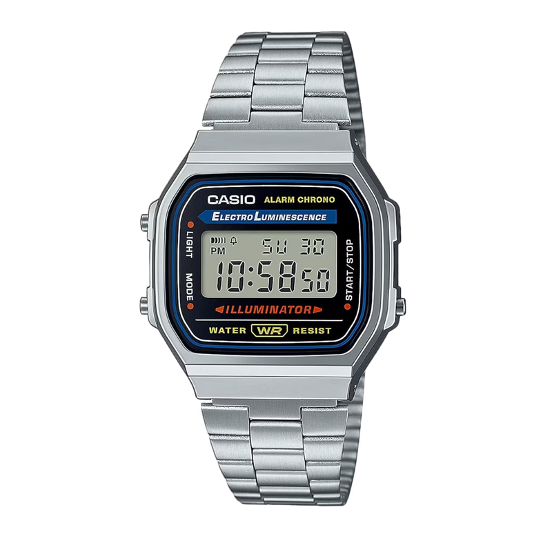 Casio A168WA-1YES digitale Herrenuhr in Silber mit klassischem Display Alarm Chrono und Illuminator Funktion