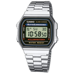 Casio Unisexuhr Vintage A168WA-1YES silberne Digitaluhr mit Edelstahlarmband und beleuchtetem Display