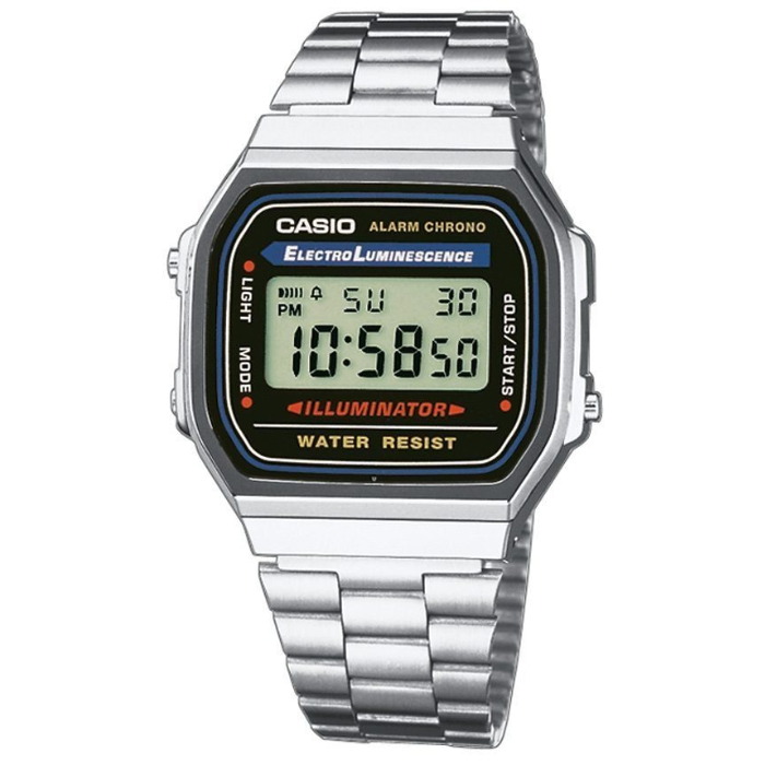 Casio Unisexuhr Vintage A168WA-1YES silberne Digitaluhr mit Edelstahlarmband und beleuchtetem Display