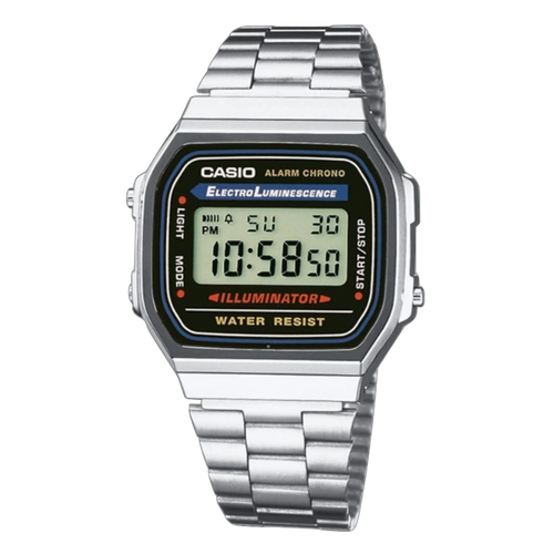 Casio Unisexuhr Vintage A168WA-1YES silberne Digitaluhr mit Edelstahlarmband und beleuchtetem Display