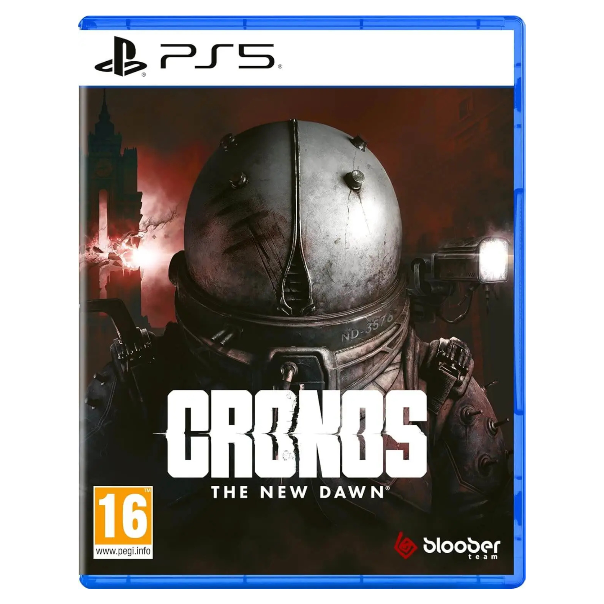 PS5-Spielhülle von Cronos: The New Dawn mit einem gepanzerten Charakterhelm vor dunklem Hintergrund.