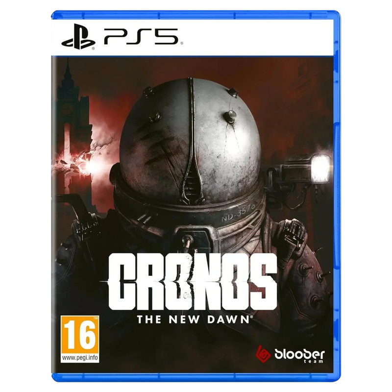 PS5-Spielhülle von Cronos: The New Dawn mit einem gepanzerten Charakterhelm vor dunklem Hintergrund.