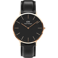 Daniel Wellington Classic Black Herrenuhr mit schwarzem Zifferblatt und roségoldenem Gehäuse – Vorderansicht - Bild 1