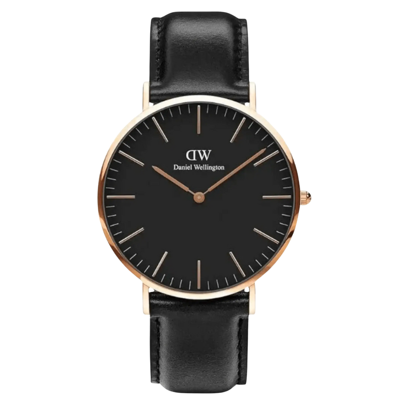 Daniel Wellington Classic Black Herrenuhr mit schwarzem Zifferblatt und roségoldenem Gehäuse – Vorderansicht