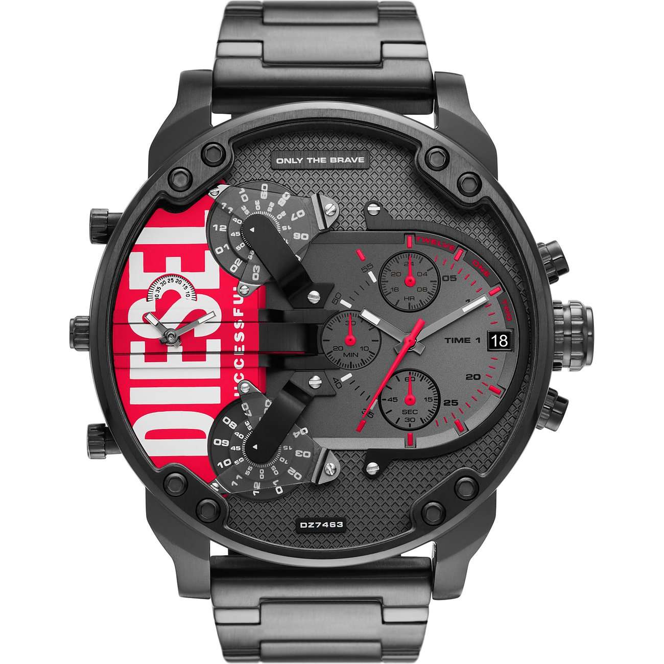 Diesel Chronograph Mr. Daddy 2.0 DZ7463 – Herren XXL Uhr mit 4 Zeitzonen, Edelstahlgehäuse und rotem Akzent