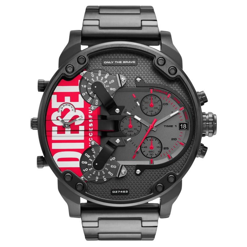 Diesel Chronograph Mr. Daddy 2.0 DZ7463 – Herren XXL Uhr mit 4 Zeitzonen, Edelstahlgehäuse und rotem Akzent