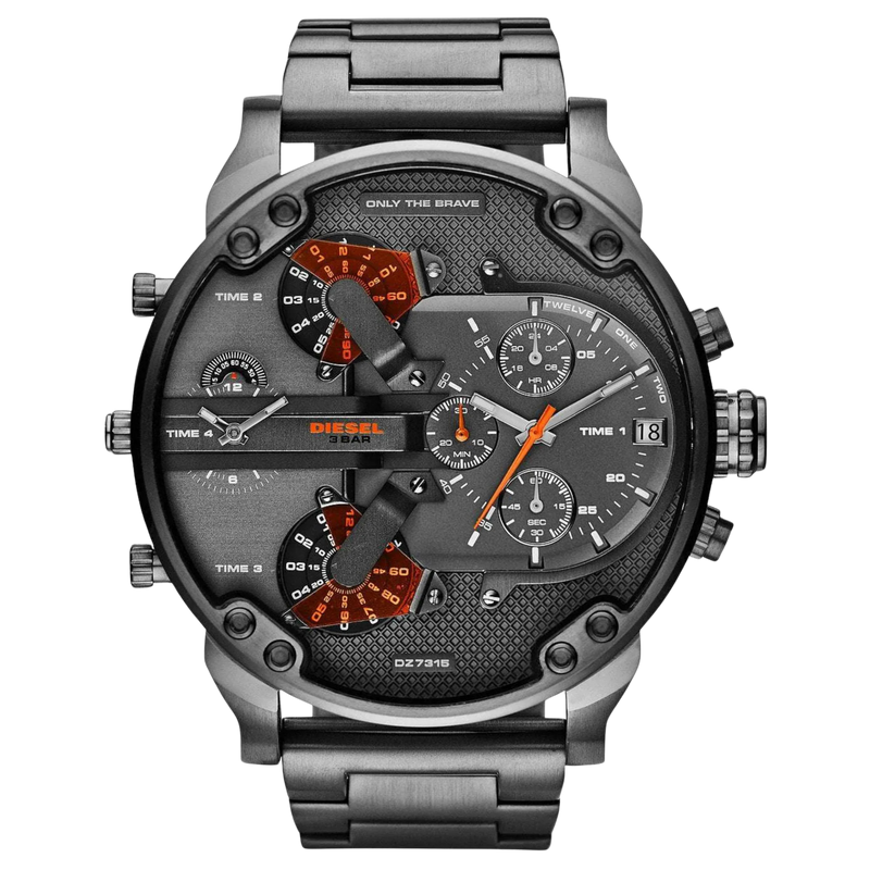 Diesel Chronograph Mr. Daddy DZ7315 – graue XXL Herrenuhr mit orangefarbenen Akzenten, Edelstahlgehäuse und markantem Chronographen-Design