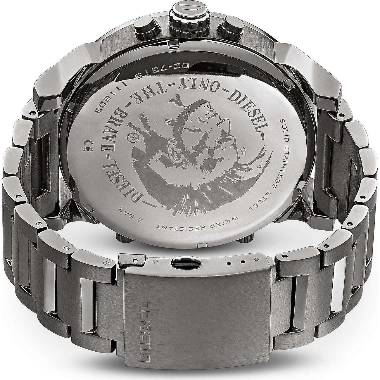 Diesel Chronograph Mr. Daddy DZ7315 – Rückseite der Edelstahl-Herrenuhr mit Diesel Logo und Gravur „Only The Brave“