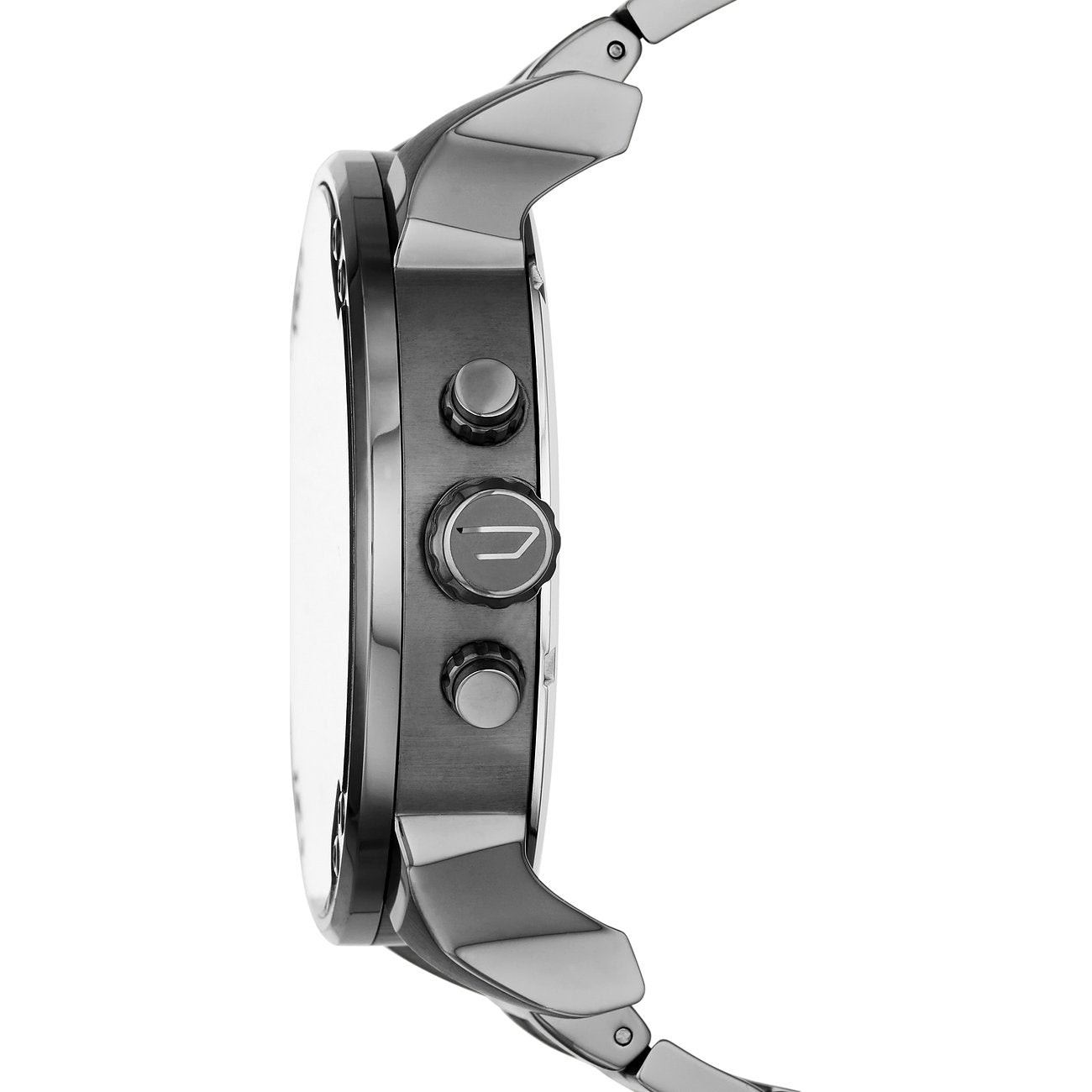 Diesel Chronograph Mr. Daddy DZ7315 – Seitenansicht der grauen Edelstahl-Herrenuhr mit markanter Krone und Druckknöpfen