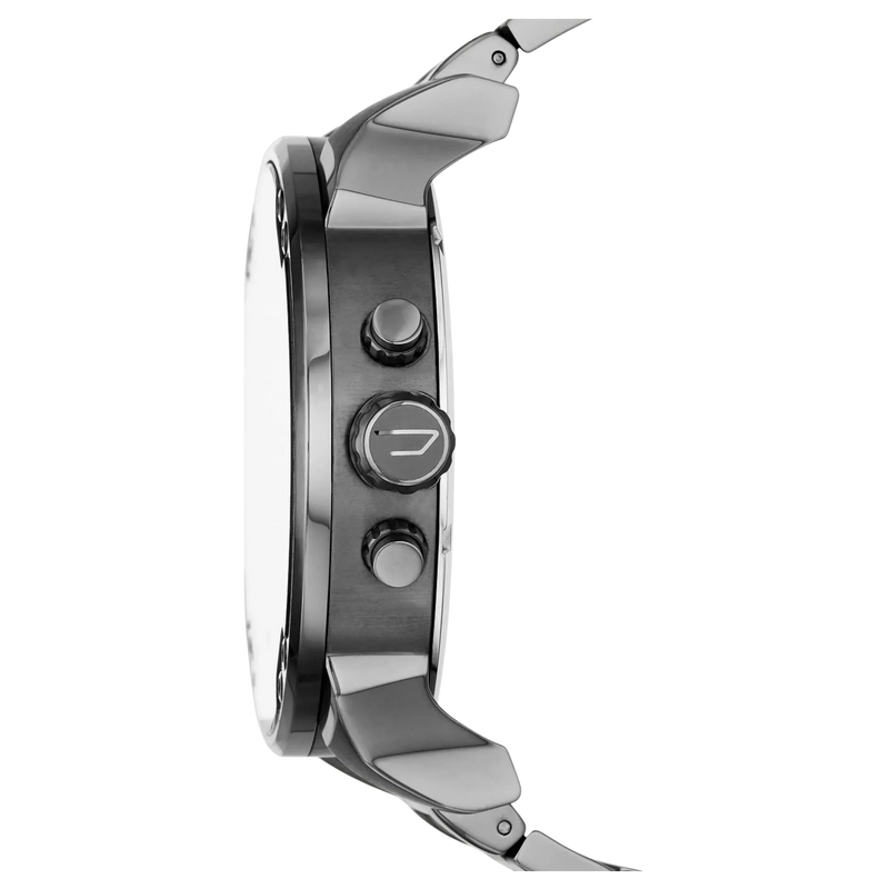 Diesel Chronograph Mr. Daddy DZ7315 – Seitenansicht der grauen Edelstahl-Herrenuhr mit markanter Krone und Druckknöpfen