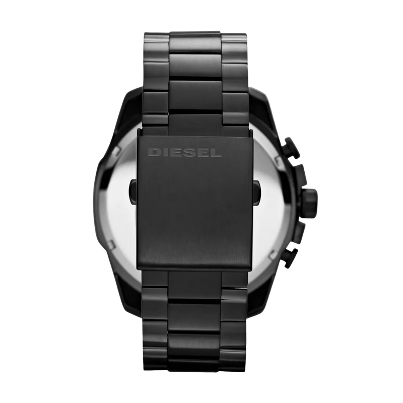 Rueckansicht der Diesel Herrenuhr Modell DZ4283 mit schwarzem Edelstahlarmband und robustem Verschluss mit Logo im modernen Design