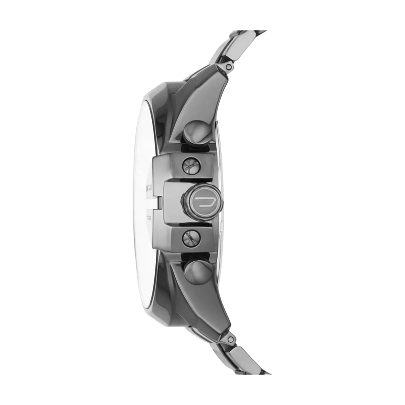 Seitenansicht der Diesel Herrenuhr Modell DZ4329 mit silbernem Edelstahlgehaeuse, markanter Krone und robustem Gehaeusedesign im modernen Stil