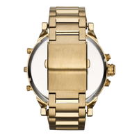 Diesel Herrenuhr Mr. Daddy 2.0 DZ7333 Rückseite – goldfarbenes Edelstahlarmband mit Diesel Gravur und Faltschließe