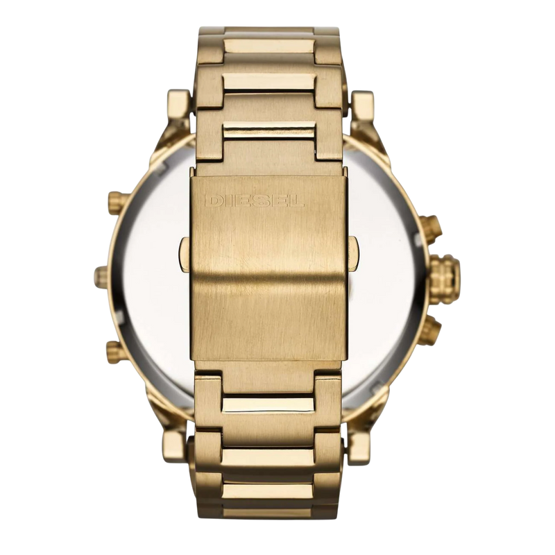 Diesel Herrenuhr Mr. Daddy 2.0 DZ7333 Rückseite – goldfarbenes Edelstahlarmband mit Diesel Gravur und Faltschließe