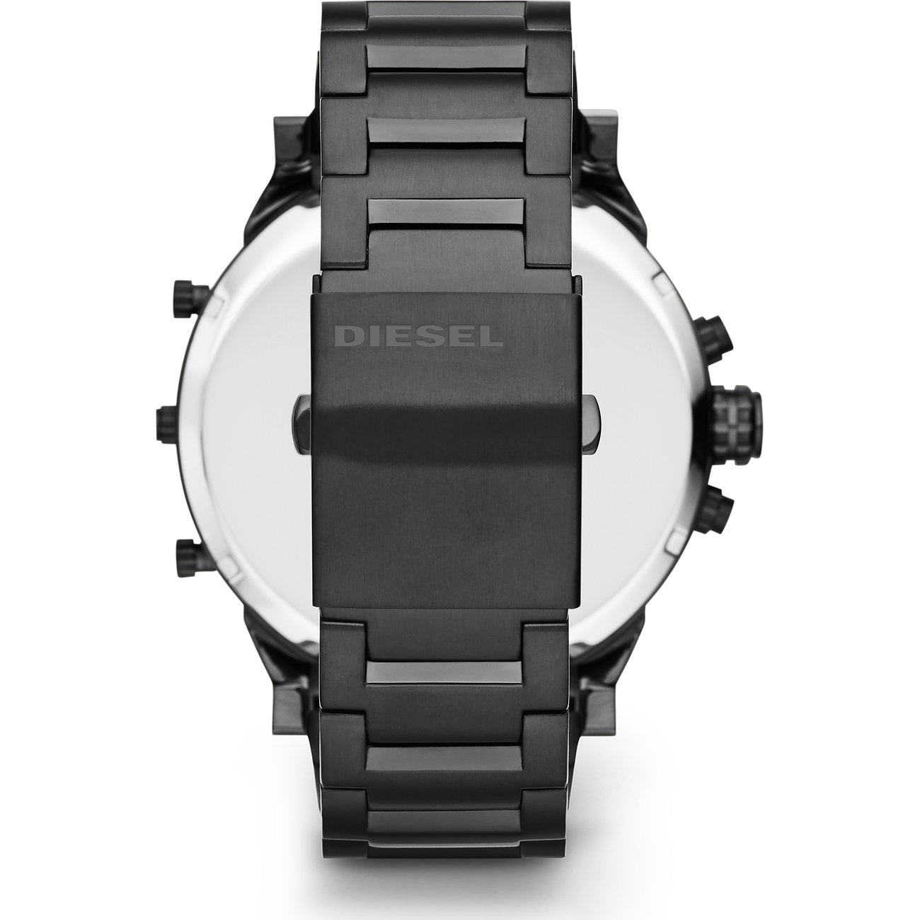 Diesel Herrenuhr Mr. Daddy DZ7313 – Rückseite mit schwarzem Edelstahlarmband und Diesel Gravur
