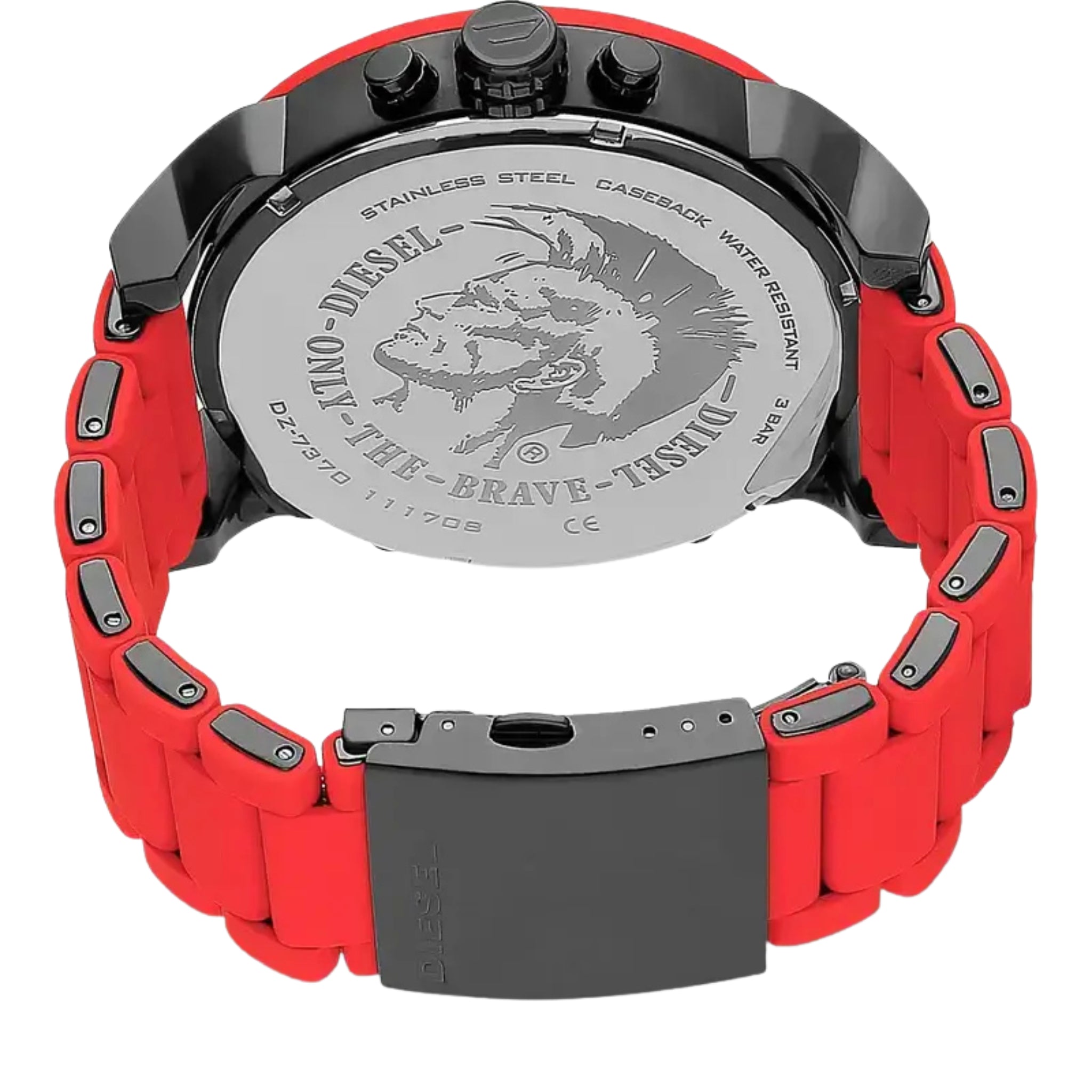 Rückseite der Diesel Herrenuhr Mr. Daddy DZ7370 mit Edelstahlboden, eingraviertem Diesel-Logo ‚Only The Brave‘ und rotem Silikonarmband