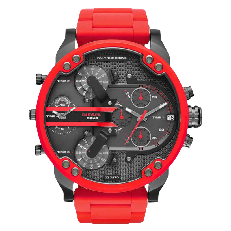 Diesel Herrenuhr Mr. Daddy DZ7370 mit rotem Silikonarmband, großem schwarzen Zifferblatt und Edelstahlgehäuse – sportlich-markante Chronograph Uhr für Herren