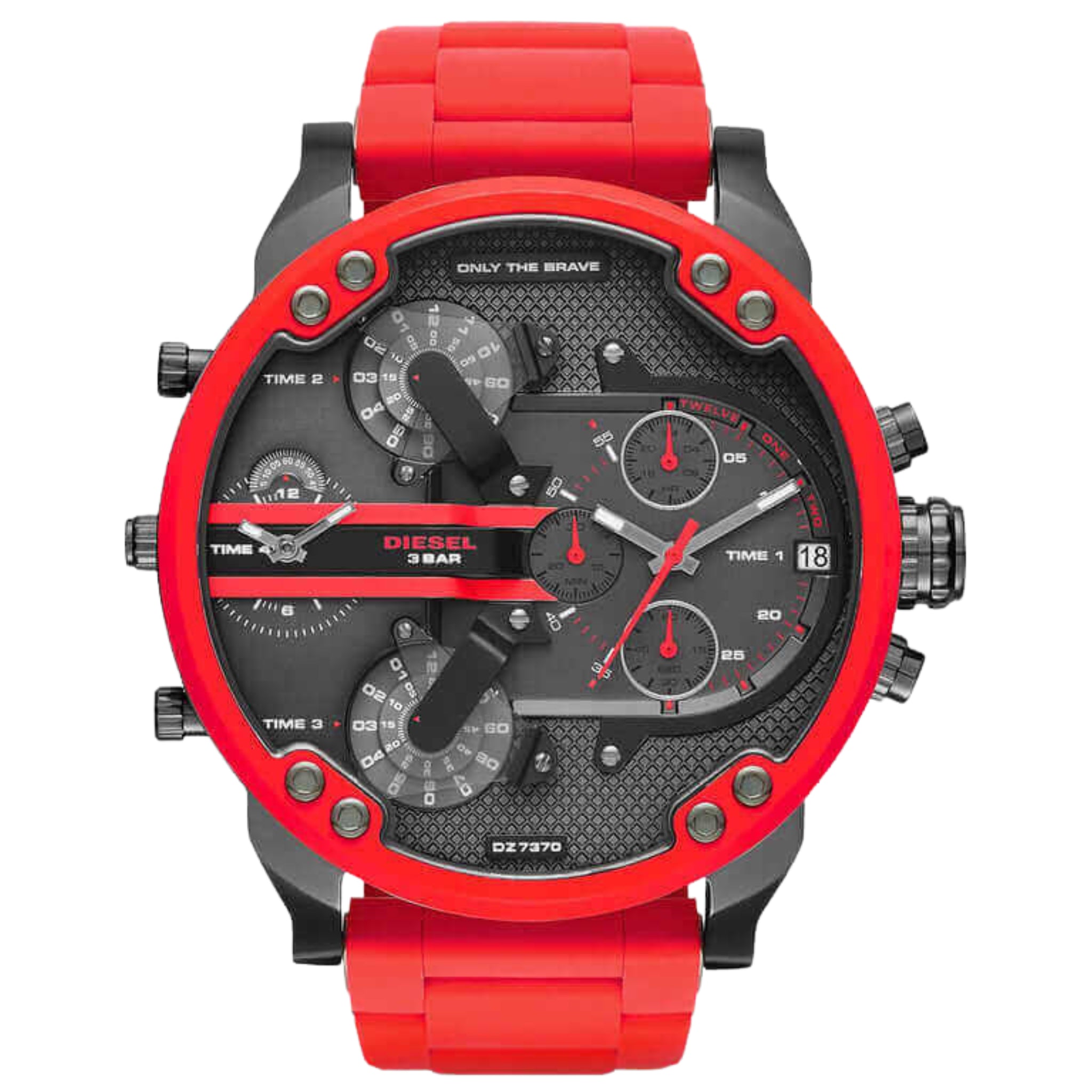 Diesel Herrenuhr Mr. Daddy DZ7370 mit rotem Silikonarmband, großem schwarzen Zifferblatt und Edelstahlgehäuse – sportlich-markante Chronograph Uhr für Herren