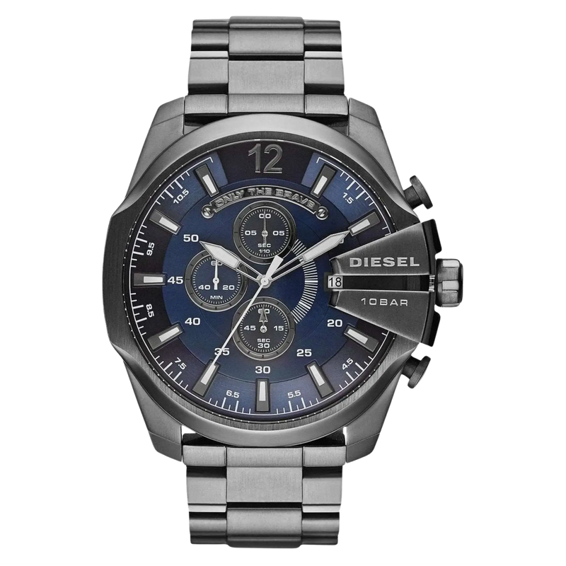 Diesel Mega Chief DZ4329 Herren Chronograph mit grauem Edelstahlgehäuse und blauem Zifferblatt, Frontansicht.