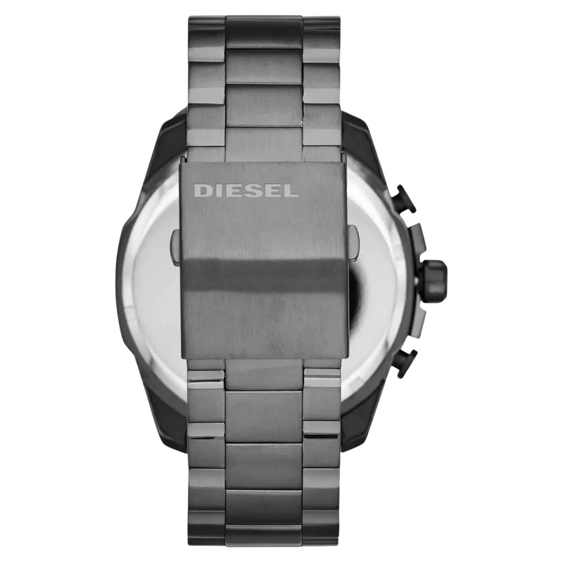 Diesel Mega Chief DZ4329 Herren Uhr mit grauem Edelstahlarmband, Rückseite des Gehäuses mit Verschluss.