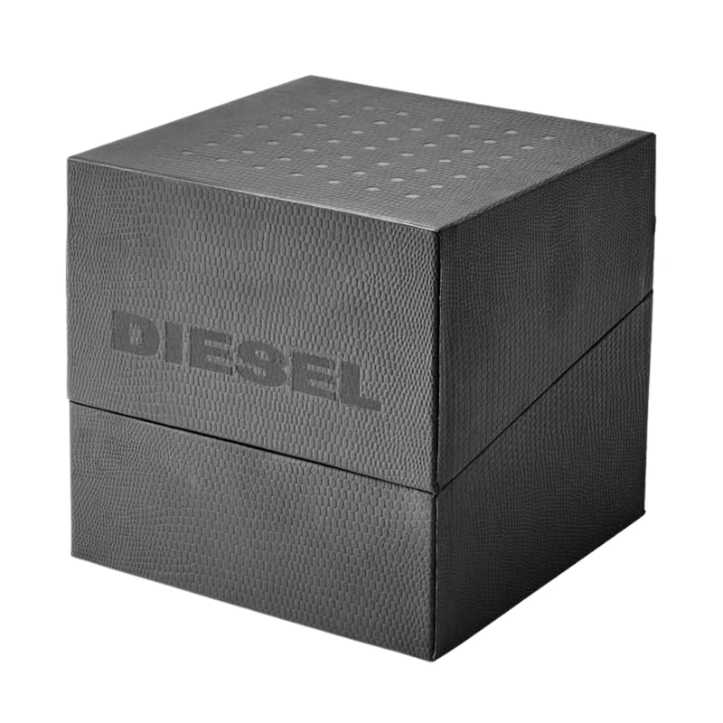 Originale Diesel Uhrenbox in grauem strukturiertem Design mit Markenlogo auf dem Deckel – hochwertige Verpackung fuer Armbanduhren
