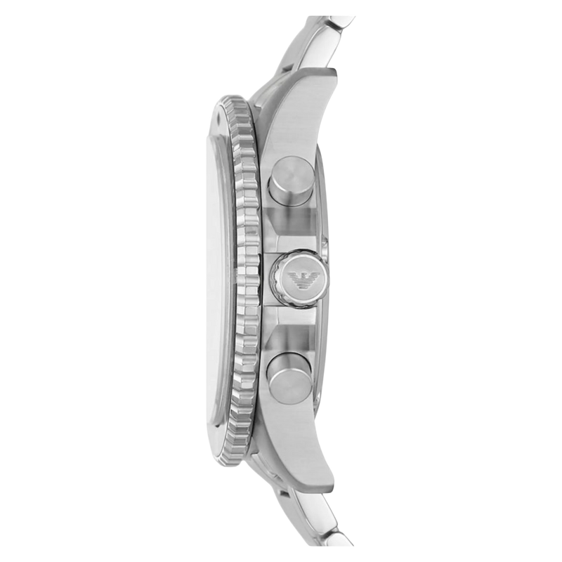 Emporio Armani Chronograph AR11360 Seitenansicht des silbernen Edelstahlgehäuses
