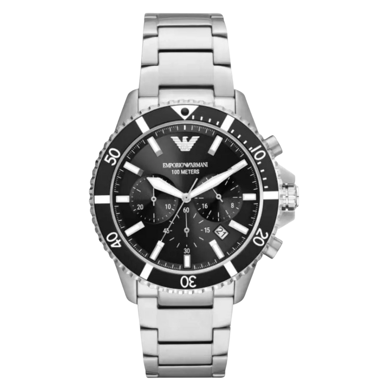 Emporio Armani Chronograph AR11360 Herrenarmbanduhr in Silber mit schwarzem Zifferblatt