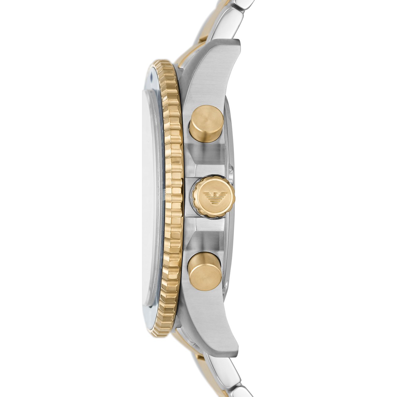 Emporio Armani Chronograph AR11362 Seitenansicht mit Bicolor-Gehäuse und goldenen Drückern
