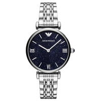 Emporio Armani Damenuhr mit silbernem Edelstahlarmband und glitzerndem, dunkelblauem Zifferblatt