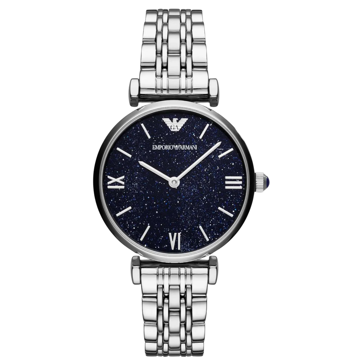 Emporio Armani Damenuhr mit silbernem Edelstahlarmband und glitzerndem, dunkelblauem Zifferblatt