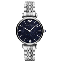 Emporio Armani Damenuhr mit silbernem Edelstahlarmband und glitzerndem, dunkelblauem Zifferblatt