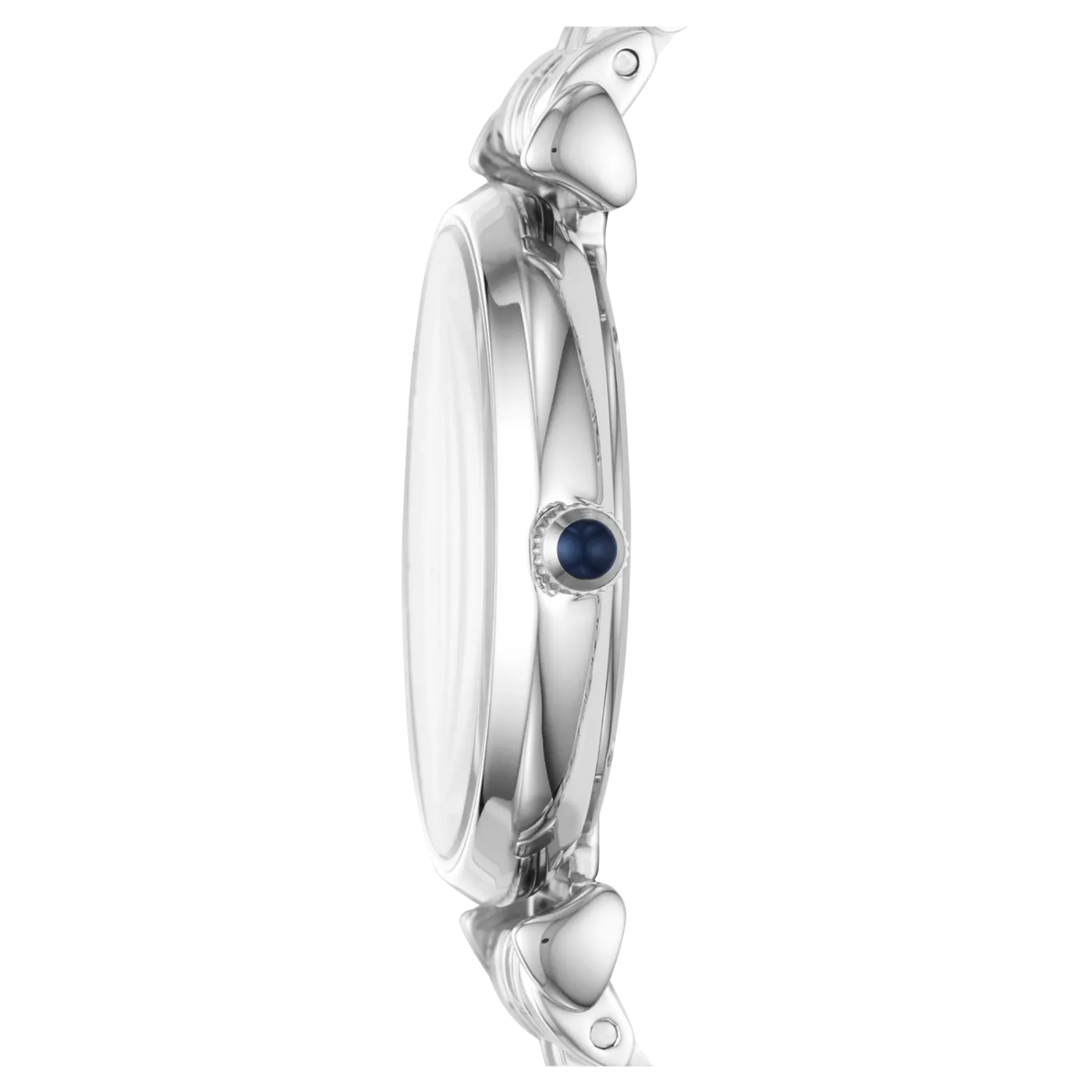 Detailansicht der Krone und des Gehäuses der Emporio Armani Damenuhr