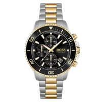 Hugo Boss Admiral 1513908 Herrenuhr – Zweifarbiger Chronograph aus Edelstahl in Gold und Silber mit schwarzem Zifferblatt und Stoppfunktion