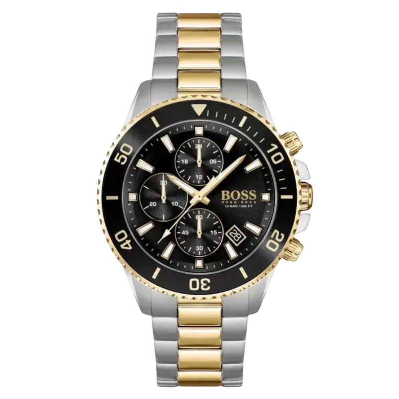 Hugo Boss Admiral 1513908 Herrenuhr – Zweifarbiger Chronograph aus Edelstahl in Gold und Silber mit schwarzem Zifferblatt und Stoppfunktion