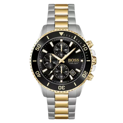 Hugo Boss Admiral 1513908 Herrenuhr – Zweifarbiger Chronograph aus Edelstahl in Gold und Silber mit schwarzem Zifferblatt und Stoppfunktion
