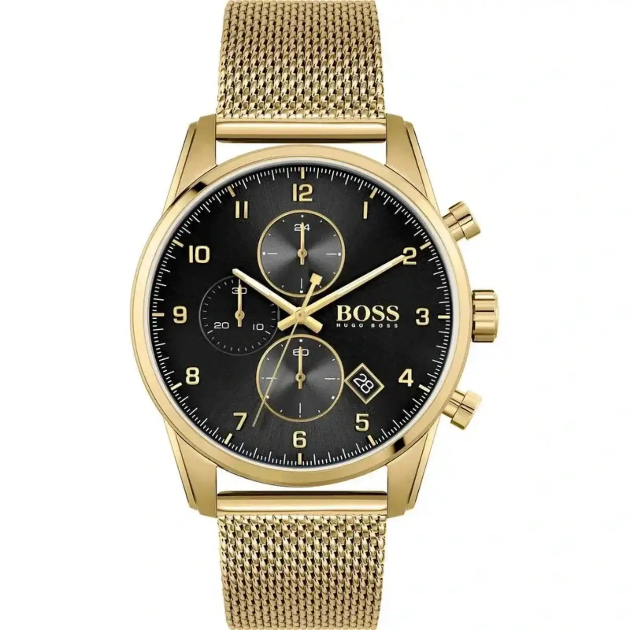 Hugo Boss Chronograph Herrenuhr 1513838 in Gold mit schwarzem Zifferblatt, Edelstahlgehäuse und Mesh-Armband – elegante Designeruhr für Herren