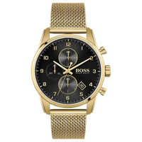 Hugo Boss Chronograph Herrenuhr 1513838 in Gold mit schwarzem Zifferblatt, Edelstahlgehäuse und Mesh-Armband – elegante Designeruhr für Herren