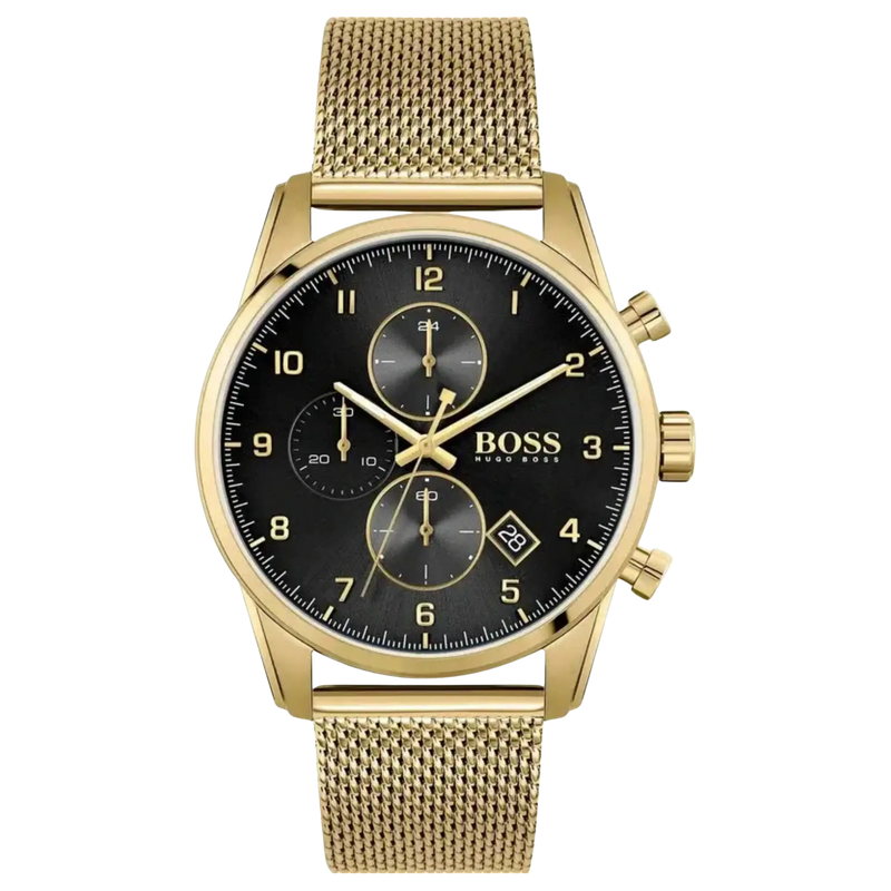 Hugo Boss Chronograph Herrenuhr 1513838 in Gold mit schwarzem Zifferblatt, Edelstahlgehäuse und Mesh-Armband – elegante Designeruhr für Herren