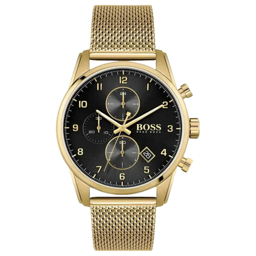 Hugo Boss Chronograph Herrenuhr 1513838 in Gold mit schwarzem Zifferblatt, Edelstahlgehäuse und Mesh-Armband – elegante Designeruhr für Herren