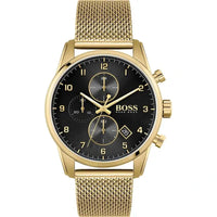 Hugo Boss Chronograph Herrenuhr 1513838 in Gold mit schwarzem Zifferblatt, Edelstahlgehäuse und Mesh-Armband – elegante Designeruhr für Herren - Bild 1