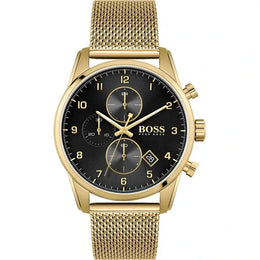 Hugo Boss Chronograph Herrenuhr 1513838 in Gold mit schwarzem Zifferblatt, Edelstahlgehäuse und Mesh-Armband – elegante Designeruhr für Herren