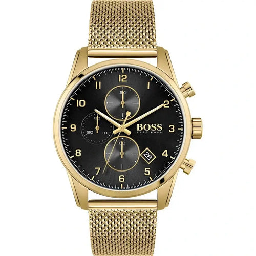 Hugo Boss Chronograph Herrenuhr 1513838 in Gold mit schwarzem Zifferblatt, Edelstahlgehäuse und Mesh-Armband – elegante Designeruhr für Herren