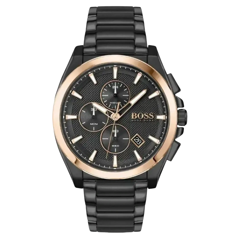 Hugo Boss 1513885 schwarze Herrenuhr – Rückseite mit Edelstahlarmband und BOSS