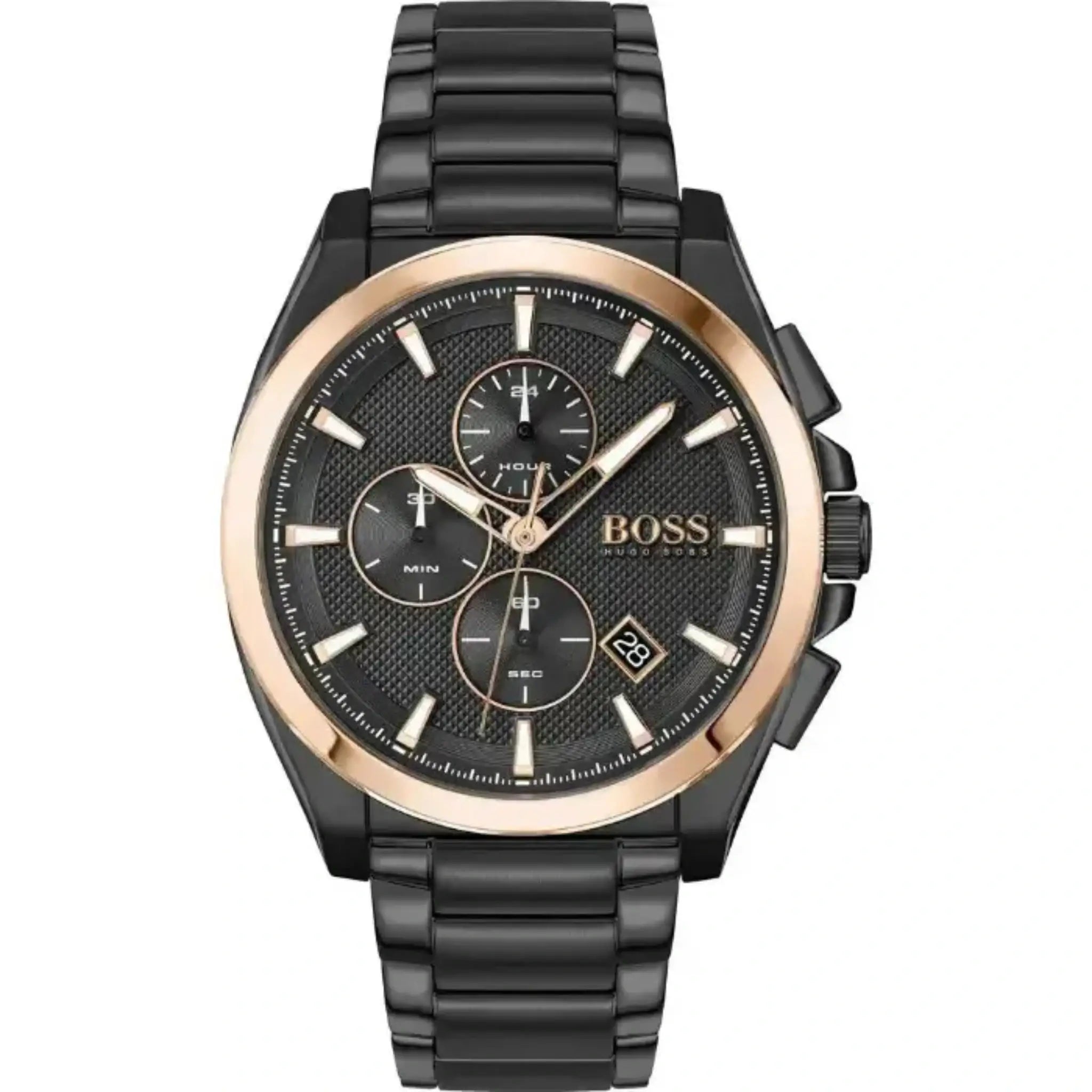 Hugo Boss 1513885 schwarze Herrenuhr – Rückseite mit Edelstahlarmband und BOSS