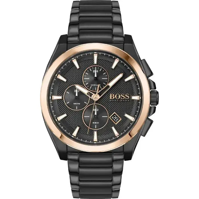 Hugo Boss 1513885 schwarze Herrenuhr – Rückseite mit Edelstahlarmband und BOSS
