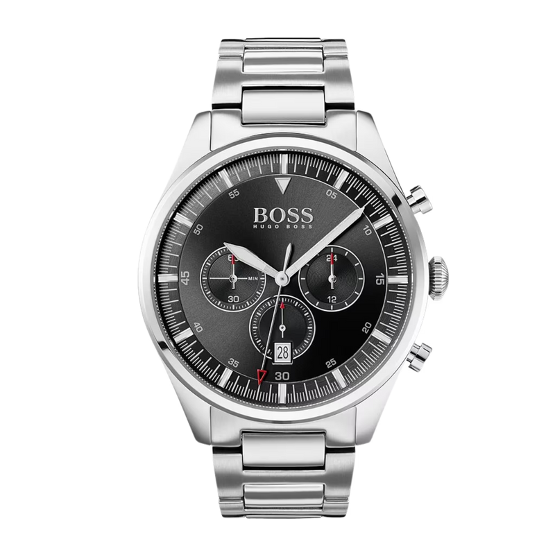 Elegante Hugo Boss Herrenuhr Chronograph Modell 1513712 mit silbernem Edelstahlarmband und schwarzem Zifferblatt im modernen und stilvollen Design