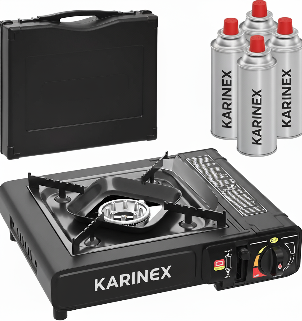 Gaskocher 1-flammig mit Piezozündung, Campingkocher für Gaskartuschen MSF-1a 227 g, Camping Herd mit Tragekoffer - Ideal für Outdoor (1-flammiger Gaskocher + 4 Gaskartuschen) - karinex