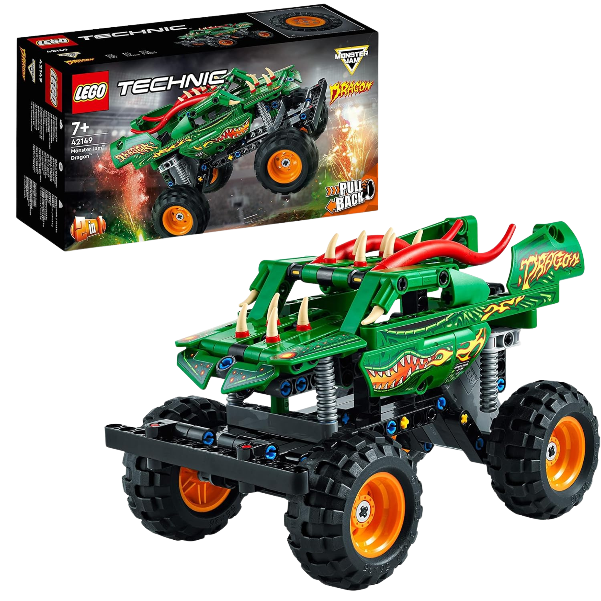 LEGO Technic Monster Jam Dragon 42149 – grüner Monstertruck zum Bauen mit Offroad-Reifen und Box