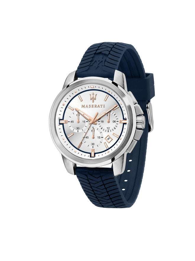 Maserati Herrenuhr Successo R8871621013 in Dunkelblau mit silbernem Edelstahlgehäuse und Silikonarmband.